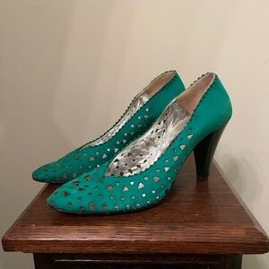 Vintage Pancaldi Green Suede Laser Geometric Cutout Dress Pump Heels